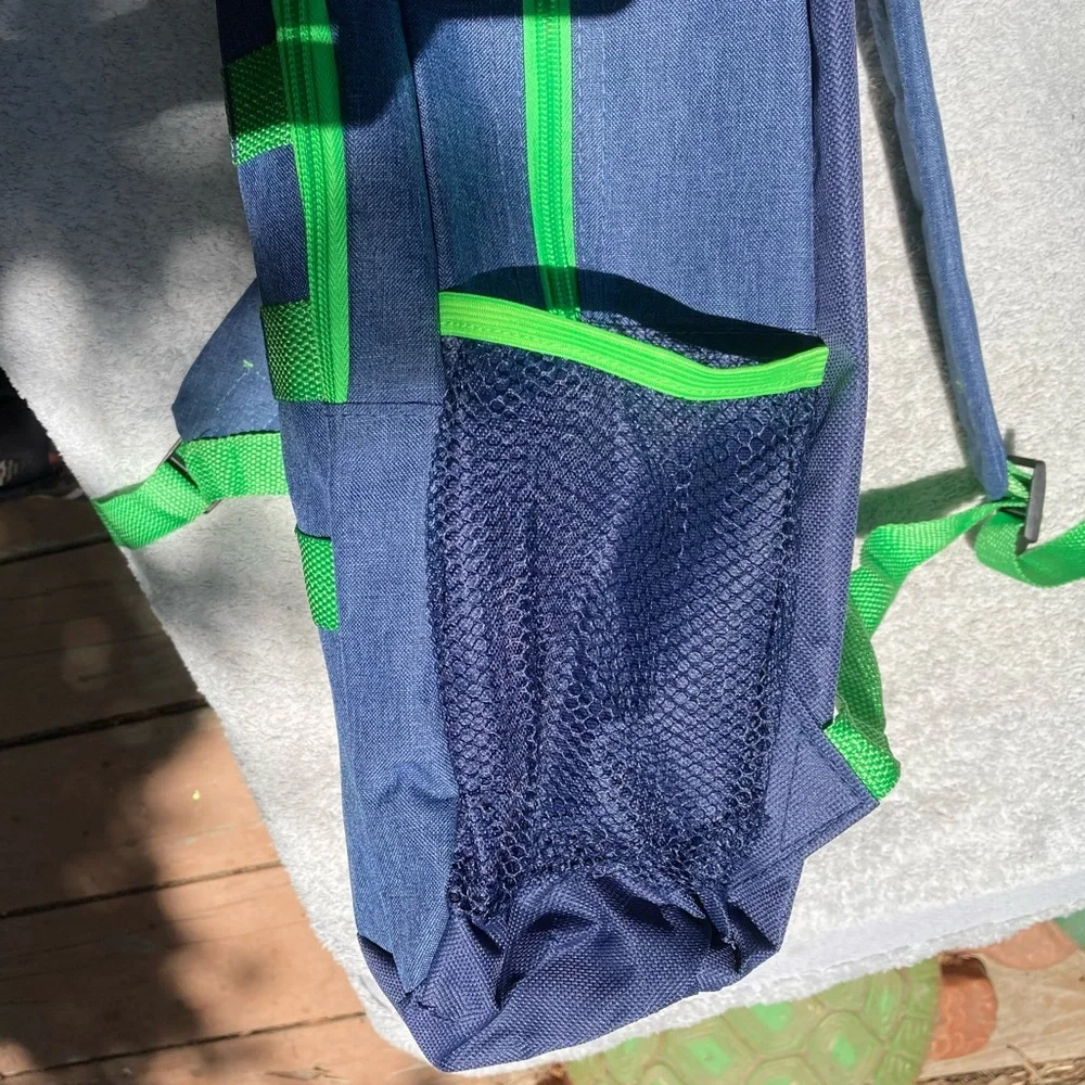 Navy Heather Backpack with Green Trim and Side Pockets New